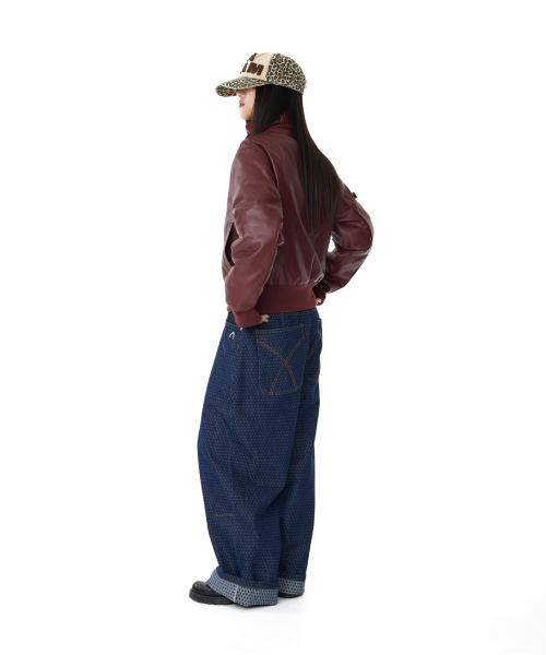 Grid Pattern Denim Pants (Blue)