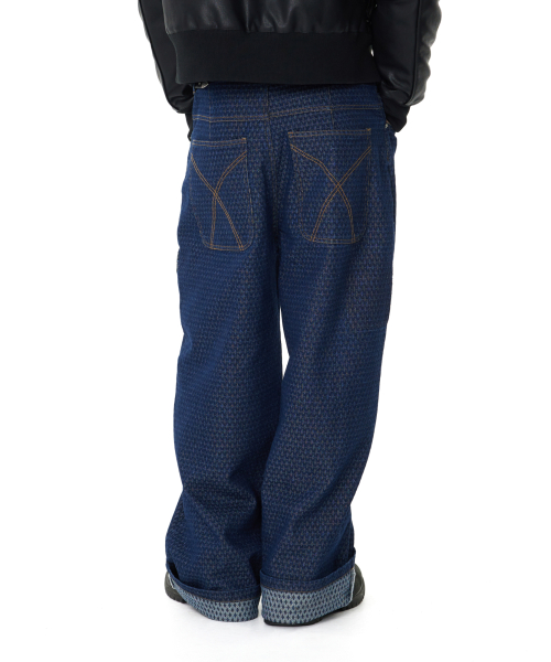 Grid Pattern Denim Pants (Blue)