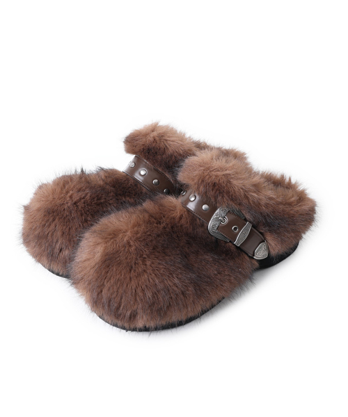 Buckle Fur Clog_[Brown]