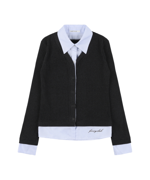 STRIPE SHIRT LAYERED CARDIGAN (CHARCOAL)_F24ZB066