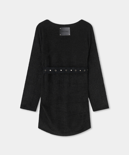 Angora One-Shoulder Suede Belt Dress (BLACK)