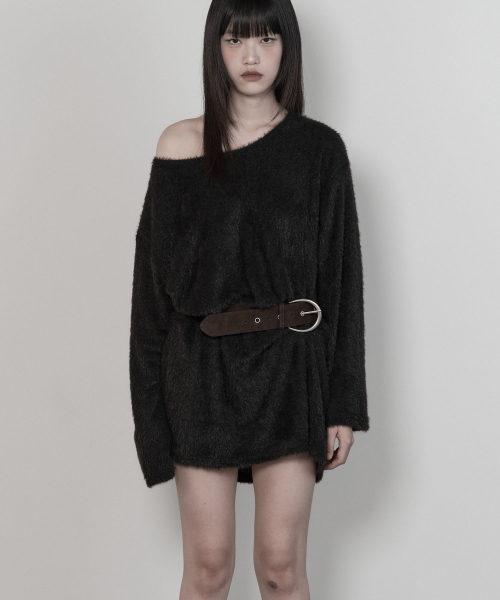 Angora One-Shoulder Suede Belt Dress (BLACK)