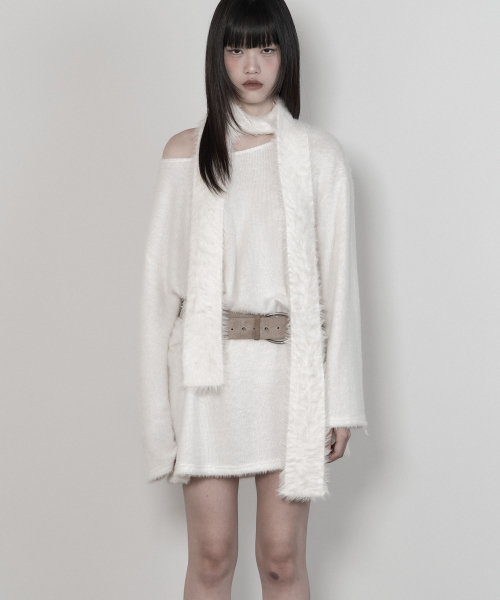 Angora One-Shoulder Suede Belt Dress (ivory)