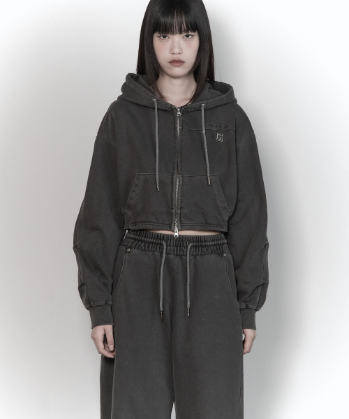 Soft Heavy Angel Washing Crop Hood Zip-up (charcoal)