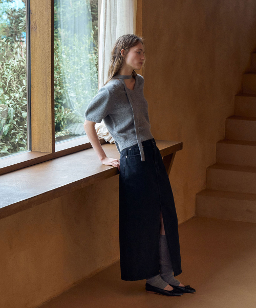 Slit Long Denim Skirt[LMBDAUDN4121]-Black