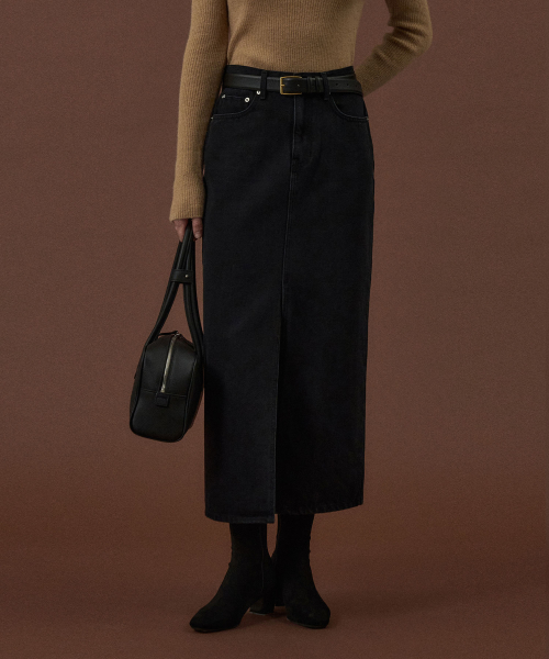 Slit Long Denim Skirt[LMBDAUDN4121]-Black