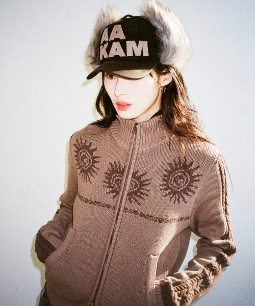 Sun Jacquard Zip-Up Sweater (Brown)