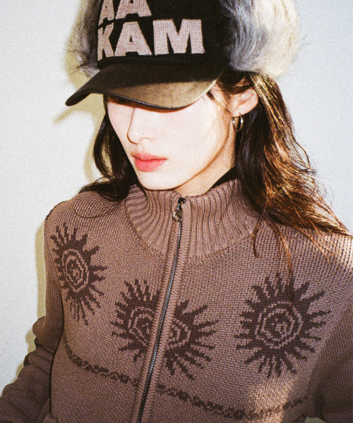 Sun Jacquard Zip-Up Sweater (Brown)