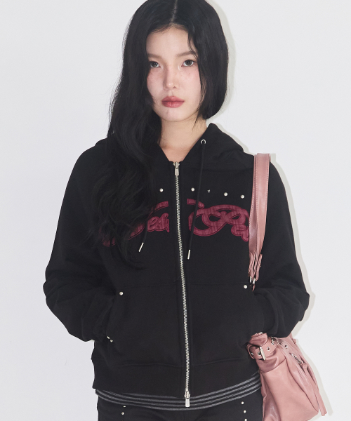 Check Applique Hoodie Zip-Up Black