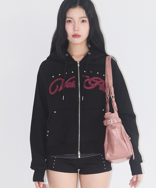 Check Applique Hoodie Zip-Up Black