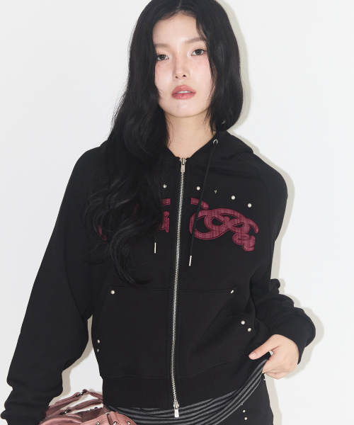 Check Applique Hoodie Zip-Up Black