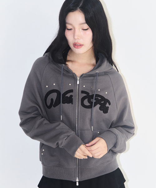 Check Applique Hoodie Zip-Up Charcoal