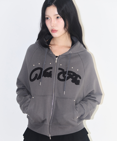 Check Applique Hoodie Zip-Up Charcoal