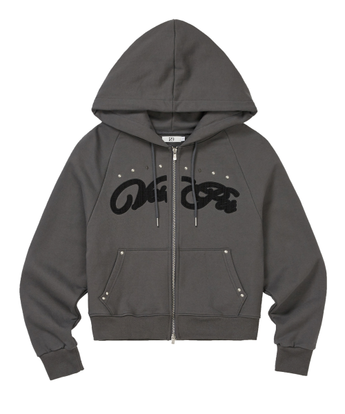 Check Applique Hoodie Zip-Up Charcoal