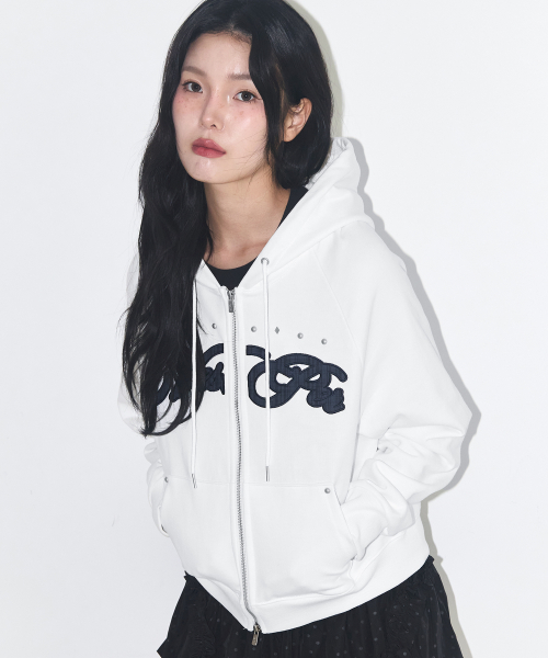 Check Applique Hoodie Zip-Up White