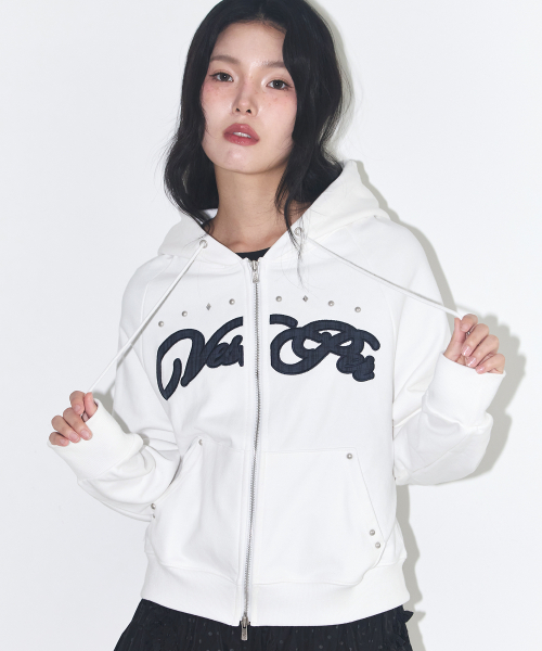Check Applique Hoodie Zip-Up White