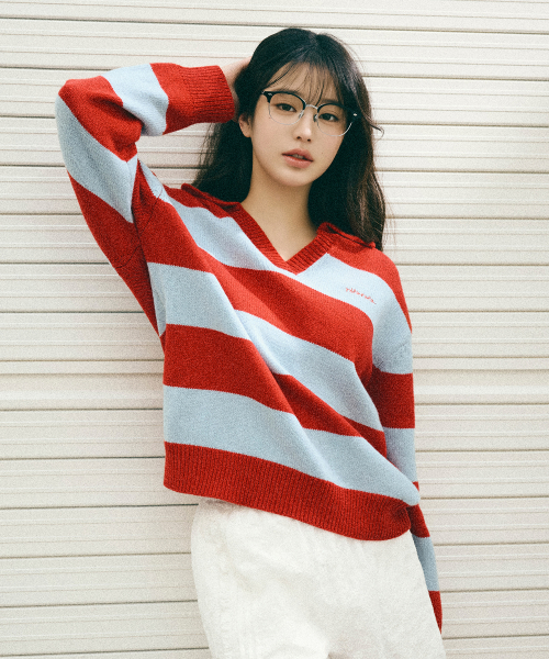 WOOL BLENDED COLLAR STRIPE BOARDER KNIT RD+BL
