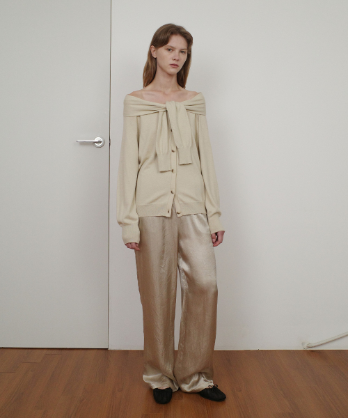 GLOSSY SATIN BANDING PANTS - BEIGE