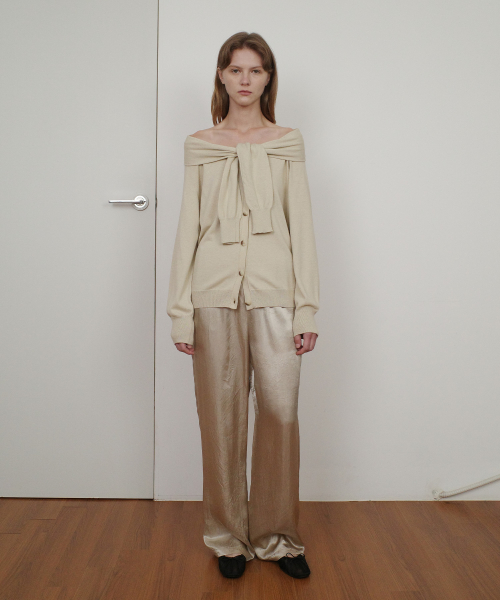 GLOSSY SATIN BANDING PANTS - BEIGE