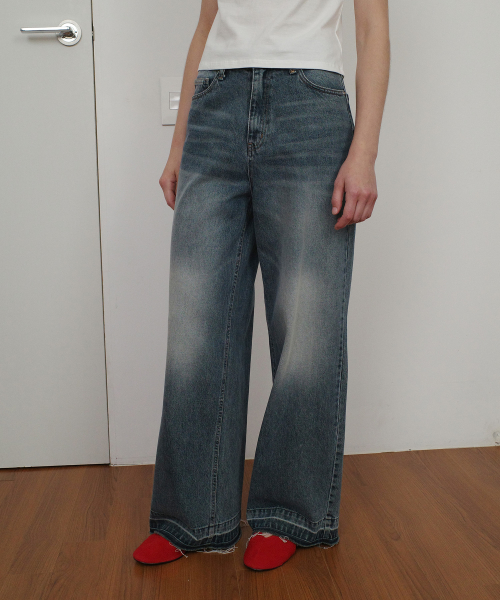 VINTAGE DAMAGE WIDE DENIM PANTS - BLUE