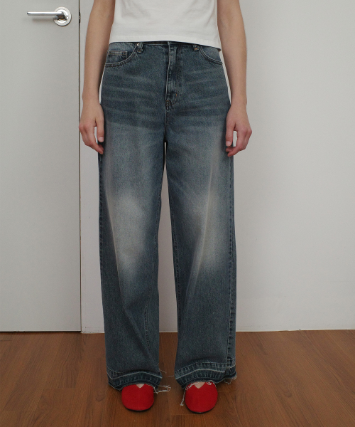VINTAGE DAMAGE WIDE DENIM PANTS - BLUE