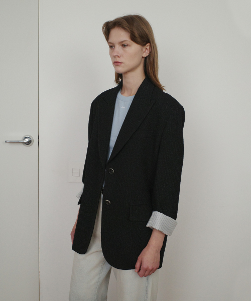 STRIPE TWEED SINGLE JACKET - BLACK