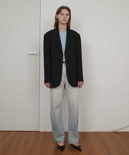 STRIPE TWEED SINGLE JACKET - BLACK