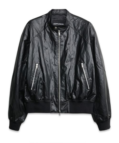 Paneled Sporty Leather Jacket BLACK