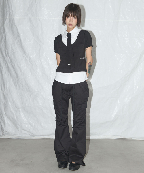 CARGO PINTUCK BOOTCUT PANTS (BLACK) F25QD887