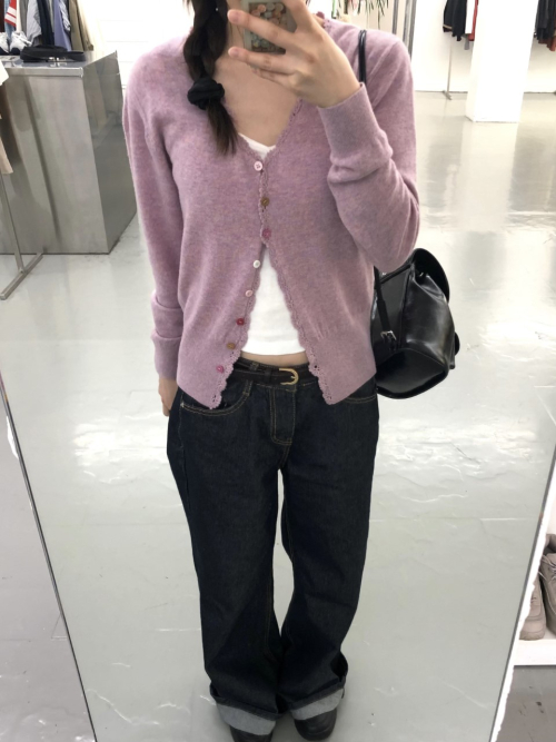SALENA wool v neck cardigan_POPCORN PINK