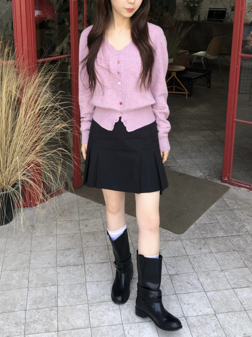 SALENA wool v neck cardigan_POPCORN PINK