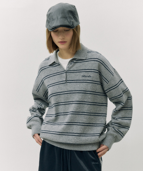 LOOSE FIT COLLAR STRIPE KNIT GRAY