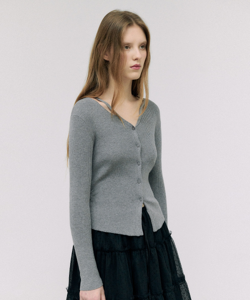 CUT OUT SLIM FIT KNIT CARDIGAN GRAY
