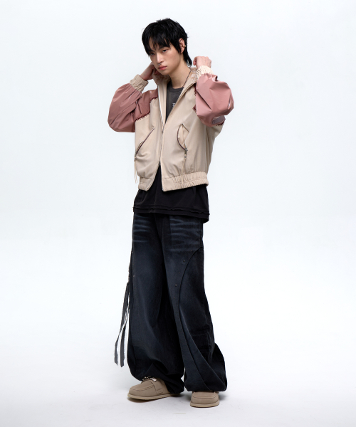 CURVED INCISION BALLOON DENIM PANTS - BLACK