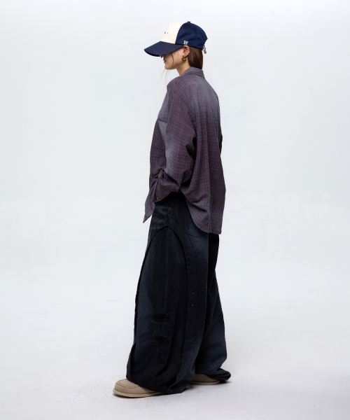 CURVED INCISION BALLOON DENIM PANTS - BLACK