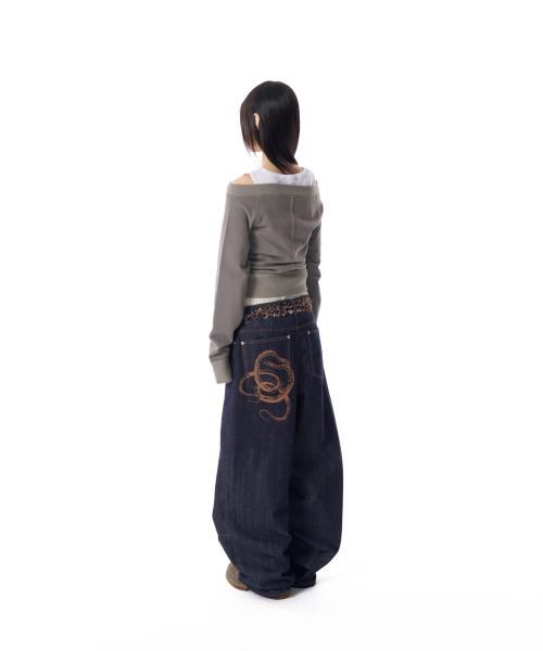 Snake Printed Denim Pants (Dark Blue)
