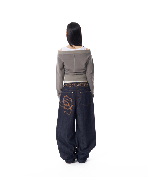 Snake Printed Denim Pants (Dark Blue)