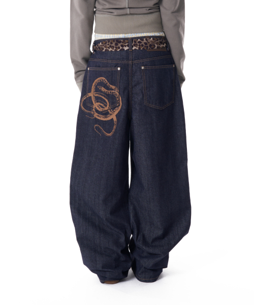 Snake Printed Denim Pants (Dark Blue)