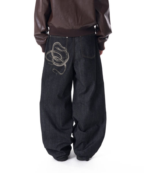 Snake Printed Denim Pants (Black)