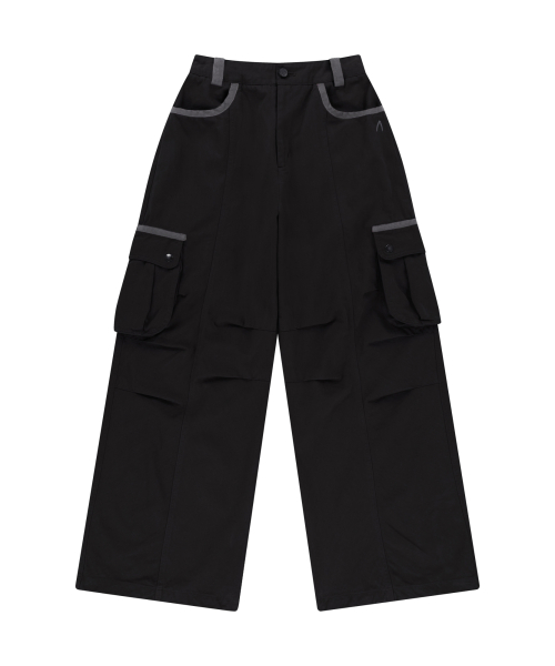 Knee Pin-tuck Contrast Cargo Pants (Black)
