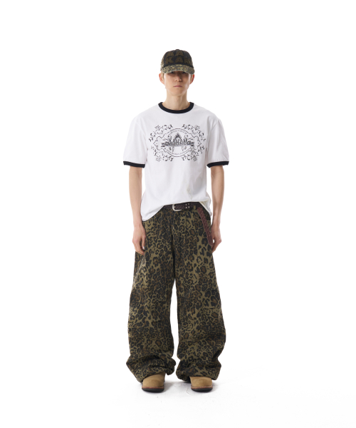 Knee Pin-tuck Leopard Cotton Pants (Khaki)