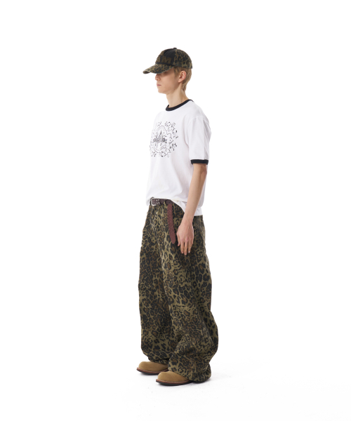Knee Pin-tuck Leopard Cotton Pants (Khaki)