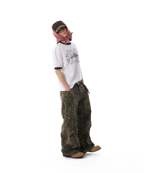Knee Pin-tuck Leopard Cotton Pants (Khaki)