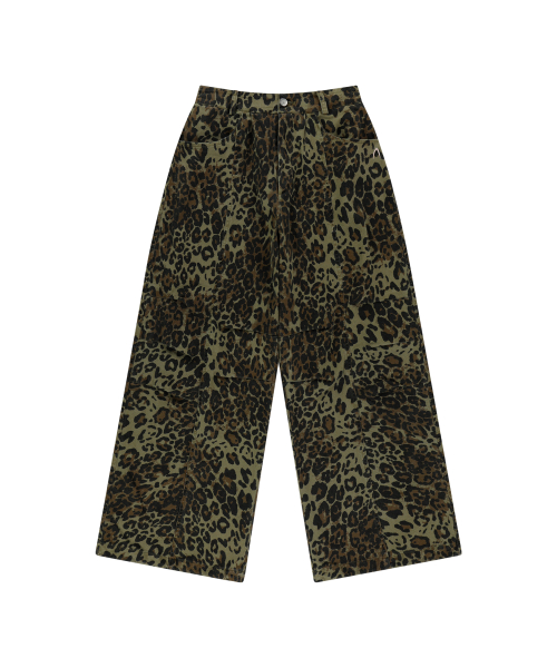 Knee Pin-tuck Leopard Cotton Pants (Khaki)