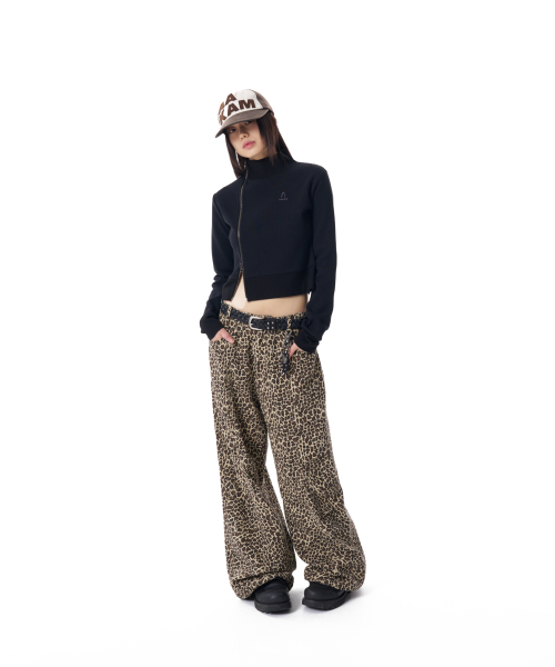 Knee Pin-tuck Leopard Cotton Pants (Brown)