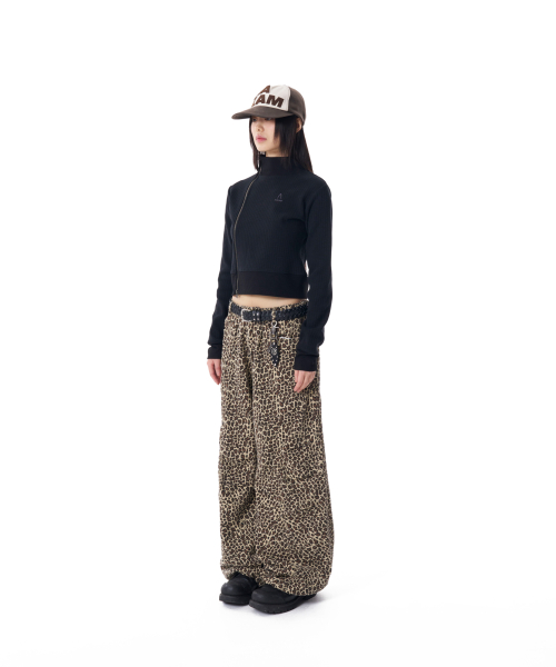 Knee Pin-tuck Leopard Cotton Pants (Brown)