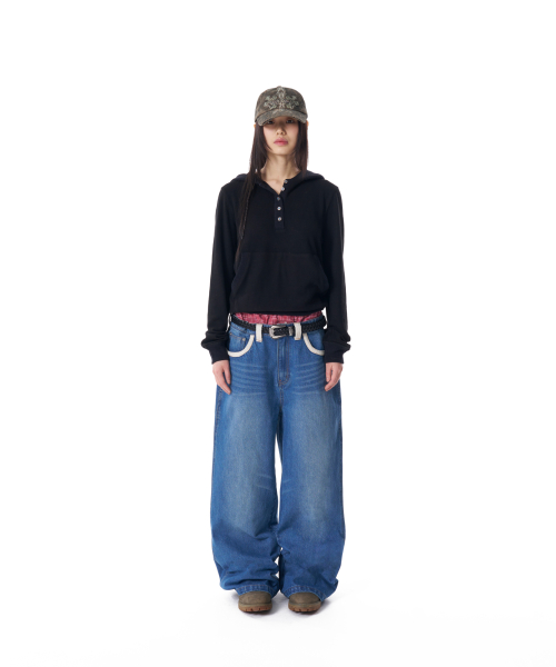 Contrast Washed Denim Pants (Blue)