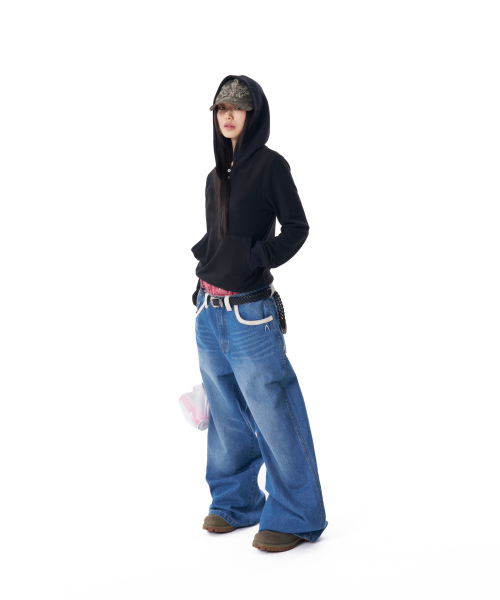 Contrast Washed Denim Pants (Blue)