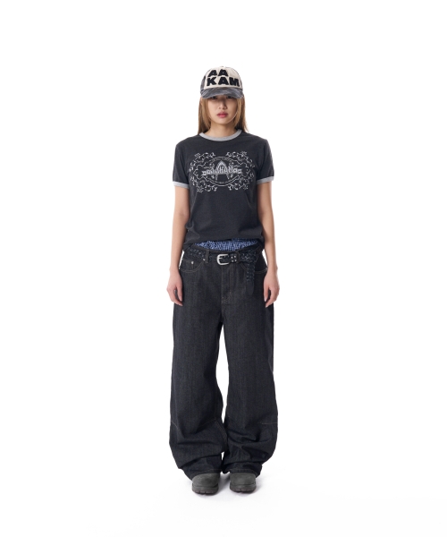 Stamp Printed Ringer Top (Dark Gray)