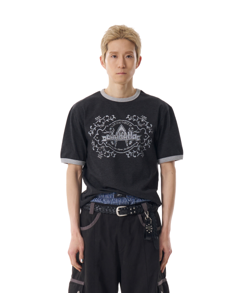 Stamp Printed Ringer Top (Dark Gray)